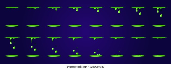 Liquid slime, green poison animation, dripping goo drops and puddles. Cartoon vector liquid phlegm sprite sheet, animated fx effect, toxic splash sequence frame. Splatters of magic potion in motion