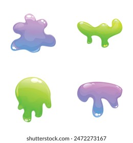 Liquid slime icons set cartoon vector. Colorful dripping slime stain. Jelly stain