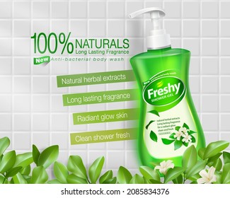 Liquid soap ad Clear plastic bottle with a clear green bath soap pump. from nature, fragrant flowers Shower gel products are placed on white tiles. foreground leaves and flowers.