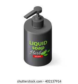 Liquid Soap in Black Bottle on White Background