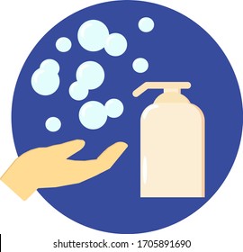Liquid soap bottle, bubbles, Hand in flat style. icon, sticker, poster, card prevention and protection virus, coronavirus, covid-19, pandemic, epidemic hygiene