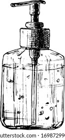 Liquid soap in a bottle cute doodle outline digital art. Print for banners, posters, web, stickers, posts, paper, cards.