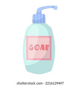 Liquid soap in a bottle. Detergent for hands and body. Antiseptic. Means for self-care. Vector graphics on a white background.