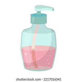 Liquid soap in a bottle. Detergent for hands and body. Antiseptic. Means for self-care. Vector graphics on a white background.