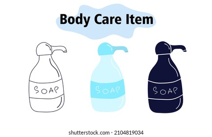 Liquid soap in a bottle with a dispenser. Cleaning hands from dirt and bacteria. Self-care. In color, solid and linear style. Vector illustration.
