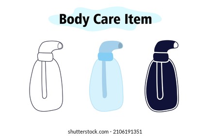 Liquid soap in a bottle with a dispenser. Cleaning hands from dirt and bacteria. Self-care. In color, solid and linear style. Vector illustration.