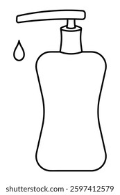 Liquid soap in a bottle with a dispenser. A drop of the product drips from the tube. Sketch. Vector illustration. Rectangular container with shampoo. Outline on an isolated white background. Coloring 