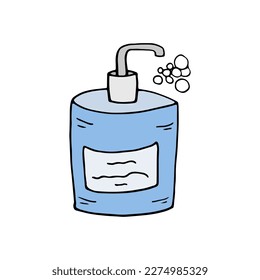 Jabón líquido en frasco con dispensador. Ilustración vectorial del artículo para lavado. Elemento de higiene. Objetos para icono, ilustración, portada, postales, impresión, juego infantil, afiche.