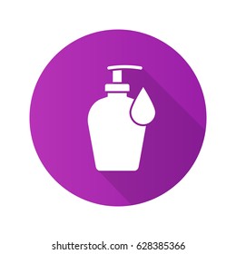 Liquid soap bottle with drop. Flat design long shadow icon. Shower gel. Vector silhouette symbol