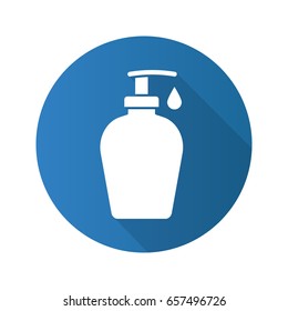Liquid soap bottle with drop. Flat design long shadow icon. Shower gel. Vector silhouette symbol