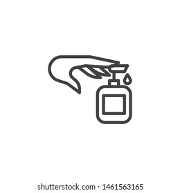 Liquid soap bottle and hand line icon. Washing hands linear style sign for mobile concept and web design. Hand hygiene outline vector icon. Disinfection symbol, logo illustration. Vector graphics