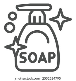 Liquid soap bottle line icon, washing hands concept. Vector graphics. Detergent shiny bottle sign on white background, outline style icon for mobile or web design