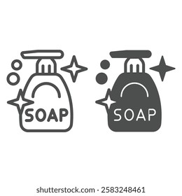Liquid soap bottle line and solid icon, washing hands concept. Vector graphics. Detergent shiny bottle sign on white background, outline style icon for mobile or web design