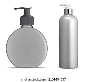Liquid soap bottle mockup. Cosmetic shampoo dispenser, vector packaging, isolated on white. Antibacterial disinfectant dispense bottle for sanitize. Bath product tube set