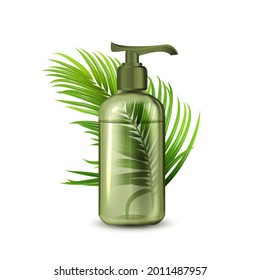 Frasco De Jabón Líquido Con Bomba Y Vector De Rama. Loción Orgánica Natural Botella Dispensadora Blank Y Hojas Verdes De Árbol Tropical. Plantilla De Contenedor De Gel O De Acondicionador Ilustración 3d Realista