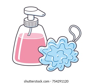 Liquid soap bottle and soft bath puff isolated