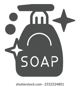 Liquid soap bottle solid icon, washing hands concept. Vector graphics. Detergent shiny bottle sign on white background, glyph style icon for mobile or web design