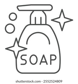 Liquid soap bottle thin line icon, washing hands concept. Vector graphics. Detergent shiny bottle sign on white background, outline style icon for mobile or web design