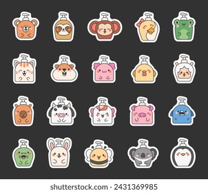 Liquid soap bottles with animals face. Sticker Bookmark. Bath and shower product. Hand drawn style. Vector drawing. Collection of design elements.
