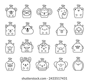 Liquid soap bottles with animals face. Coloring Page. Bath and shower product. Hand drawn style. Vector drawing. Collection of design elements.