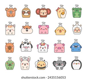 Liquid soap bottles with animals face. Bath and shower product. Hand drawn style. Vector drawing. Collection of design elements.