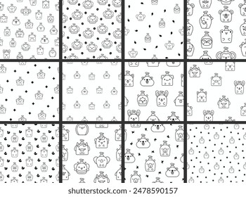 Liquid soap bottles with animals face. Seamless pattern. Coloring Page. Bath and shower product. Hand drawn style. Vector drawing. Collection of design ornaments.