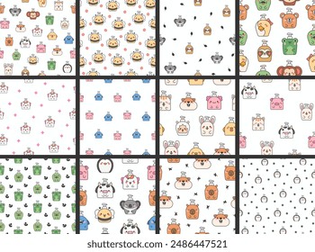 Liquid soap bottles with animals face. Seamless pattern. Bath and shower product. Hand drawn style. Vector drawing. Collection of design ornaments.