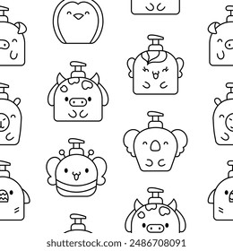 Liquid soap bottles with animals face. Seamless pattern. Coloring Page. Bath and shower product. Hand drawn style. Vector drawing. Design ornaments.