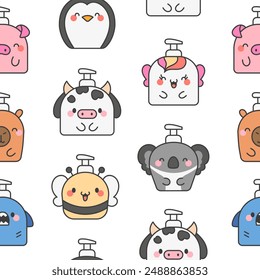 Liquid soap bottles with animals face. Seamless pattern. Bath and shower product. Hand drawn style. Vector drawing. Design ornaments.