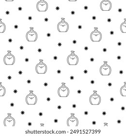 Liquid soap bottles with animals face. Seamless pattern. Coloring Page. Bath and shower product. Hand drawn style. Vector drawing. Design ornaments.