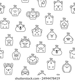 Liquid soap bottles with animals face. Seamless pattern. Coloring Page. Bath and shower product. Hand drawn style. Vector drawing. Design ornaments.