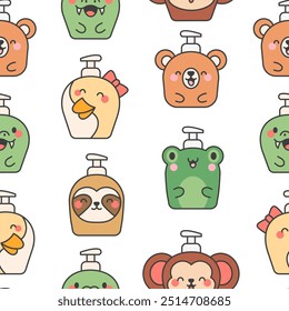 Liquid soap bottles with animals face. Seamless pattern. Bath and shower product. Hand drawn style. Vector drawing. Design ornaments.