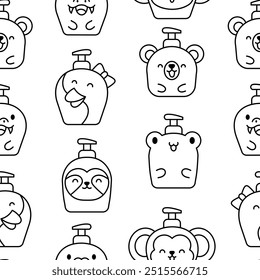 Liquid soap bottles with animals face. Seamless pattern. Coloring Page. Bath and shower product. Hand drawn style. Vector drawing. Design ornaments.