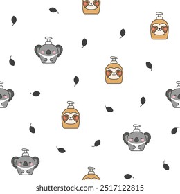 Liquid soap bottles with animals face. Seamless pattern. Bath and shower product. Hand drawn style. Vector drawing. Design ornaments.