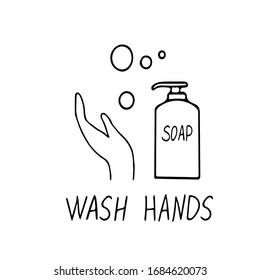 Liquid soap, bubbles and lettering Wash your hands Hand drawn in doodle scandinavian minimalism style. icon, sticker, poster, card prevention and protection virus, coronavirus, covid-19, pandemic
