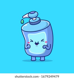 Ilustración de icono del vector del jabón líquido. Carácter mascota saludable. El Concepto De Ícono Médico Y De Salud Blanco Aislado. Estilo de caricatura plano adecuado para Web Landing Page, banner, volante, adhesivo, tarjeta