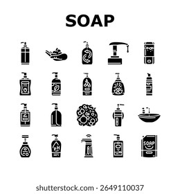 ícones de higiene do limpador de sabão líquido definir vetor. antibacteriano, hidratante, fragrância, couro, suave, biodegradável eco amigável líquido sabonete limpador de higiene glifo pictograma Ilustrações