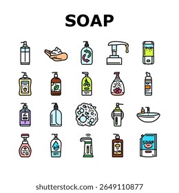liquid soap cleanser hygiene icons set vector. antibacterial, moisturizing, fragrance, lather, gentle, biodegradable eco friendly liquid soap cleanser hygiene color line illustrations