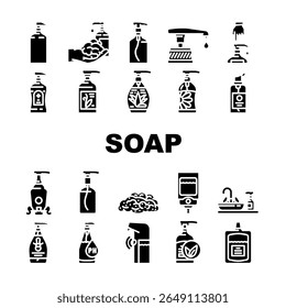 líquido sabonete limpador de ícones de higiene definir vetor. antibacteriano hidratante fragrância, espuma sud biodegradável suave, eco amigável líquido sabonete limpador de higiene glifo pictograma Ilustrações