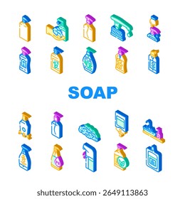 liquid soap cleanser hygiene icons set vector. antibacterial moisturizing fragrance, lather suds gentle biodegradable, eco friendly liquid soap cleanser hygiene isometric sign illustrations
