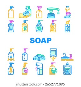 liquid soap cleanser hygiene icons set vector. antibacterial moisturizing fragrance, lather suds gentle biodegradable, eco friendly liquid soap cleanser hygiene color line illustrations