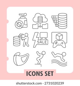 Sabonete líquido, mineiro de dados, máscara respiradora ícones simples conjunto representando finanças, dados, compras e jogos itens em estilo de contorno para aplicativos e impressão em fundo branco. Conjunto de nove ícones de linha fina