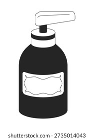 Liquid soap dispenser bottle 2D line object. Bathroom decor. Hygiene product with blank label, pump top. Skincare container isolated clipart vector ink outline item. Monochrome spot illustration