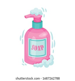 Liquid Soap in Dispenser Bottle with Label and Foam Vector Illustration