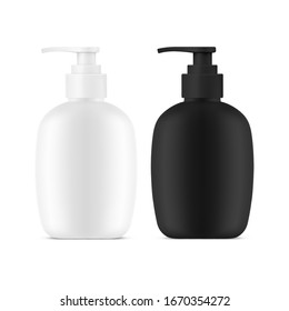 Liquid soap dispenser bottles template. Realistic or 3d container for cream or mousse, lotion. Jar for skin and body care, shower or bath hygiene, face cosmetic product. Black and white container