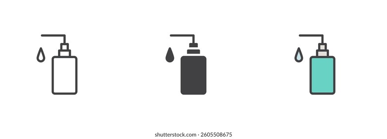 Liquid soap dispenser with a drop different style icon set. Line, glyph and filled outline colorful version, outline and filled vector sign. Symbol, logo illustration. Vector graphics