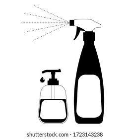 Liquid soap with a dispenser and glass cleaning isolated on white background.Types of disinfection, vector.