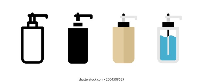 Liquid soap dispenser icon. Domestic detergent bottle vector illustration. Shampoo, gel or lotion cosmetic container symbol. Liquid soap automatic pump sign. Hands washing hygiene isolated concept.