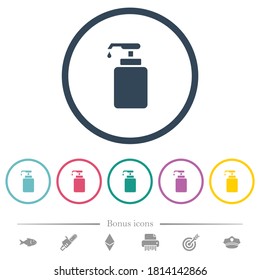 Liquid soap flat color icons in round outlines. 6 bonus icons included.