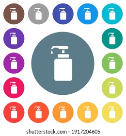 Liquid soap flat white icons on round color backgrounds. 17 background color variations are included.